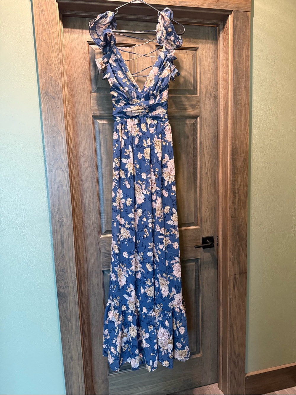Lulu's Soirée Celebration Blue Floral Ruffled Lace-Up Maxi Dress - Size S